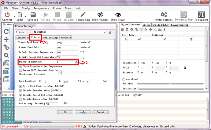 number of extruders in printer settings