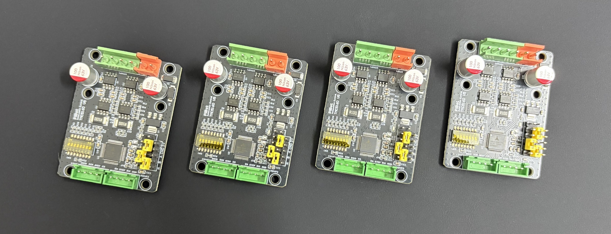 Four PiBot SilentStep TMC5160 V5 driver boards for a four-motor CNC machine