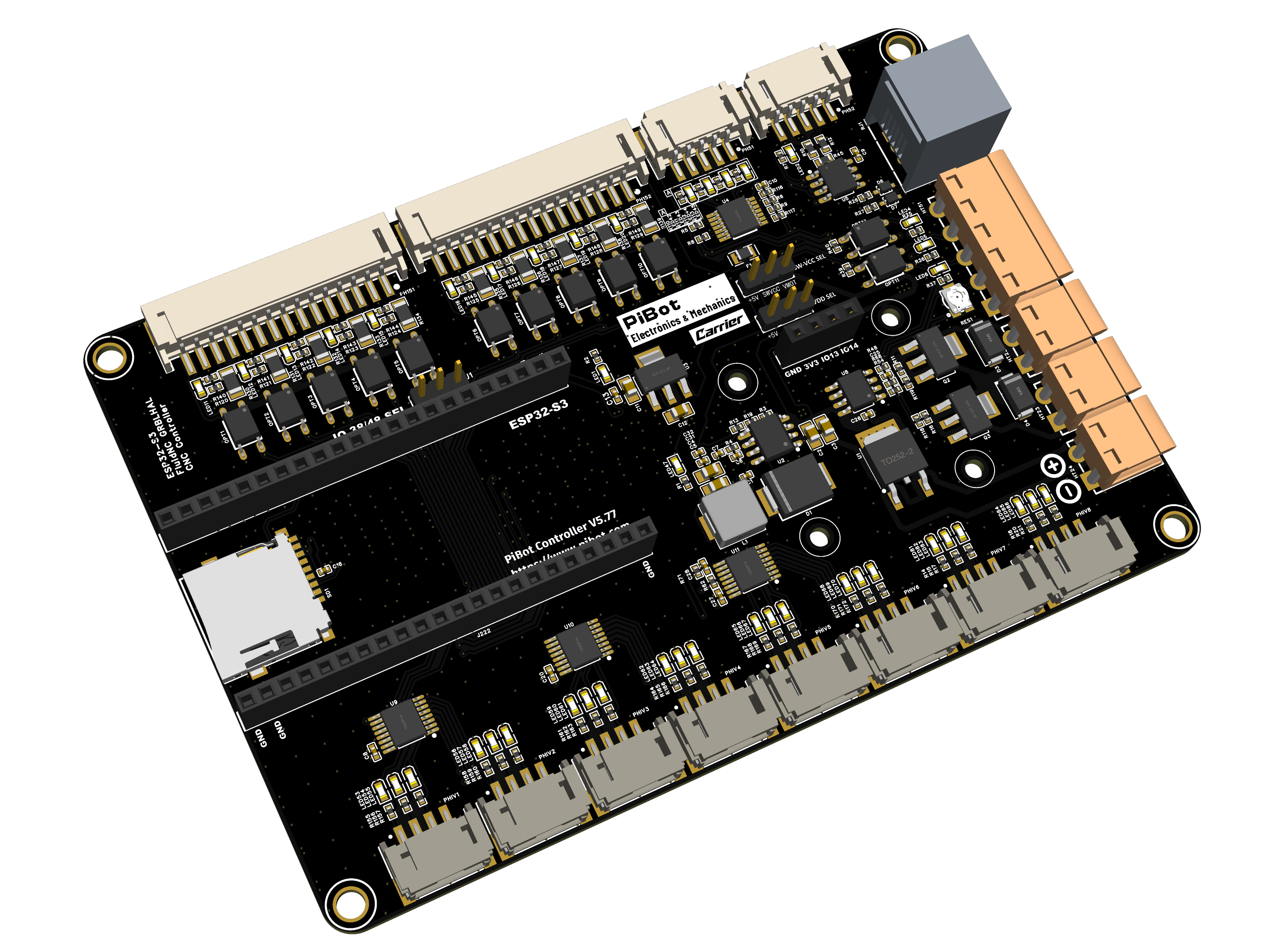 PiBot V5.77 carrier board for a plug-in ESP32-S3 module and external motor drivers